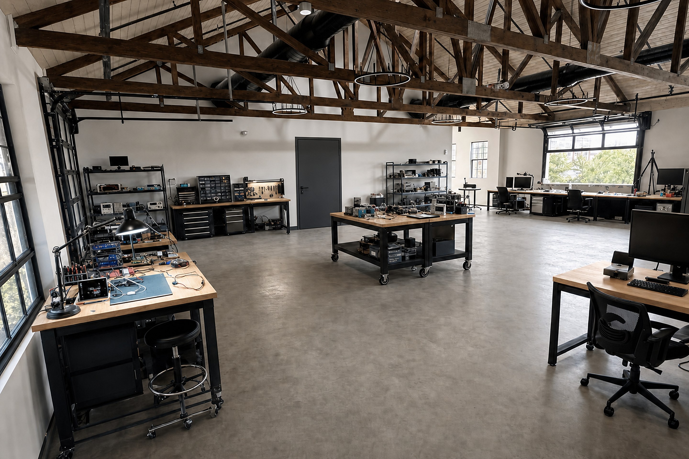 Inside the Wayland Autonomy workshop — benches, prototyping, and lab gear.